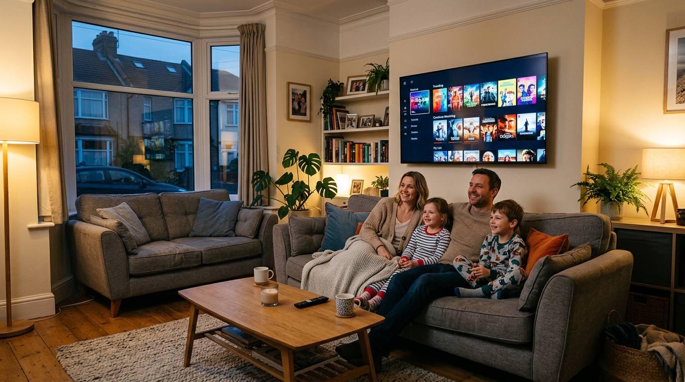 Family on the sofa watching television together in a UK home